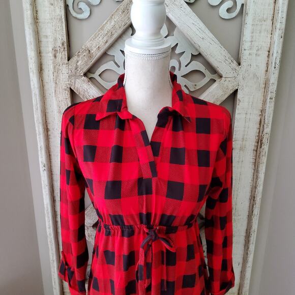 Times Two Maternity 3/4 Sleeve Collard V-Neck Elastic Waist Dress Buffalo Plaid - Picture 3 of 9